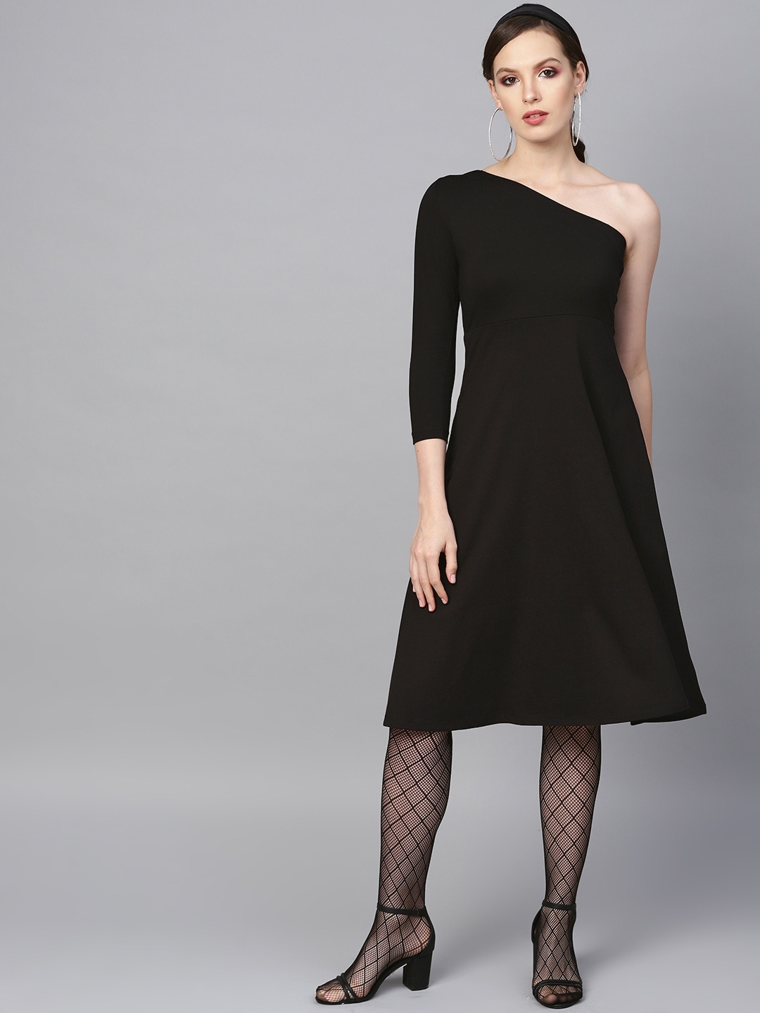 

SASSAFRAS Women Black Solid One-Shoulder A-Line Dress