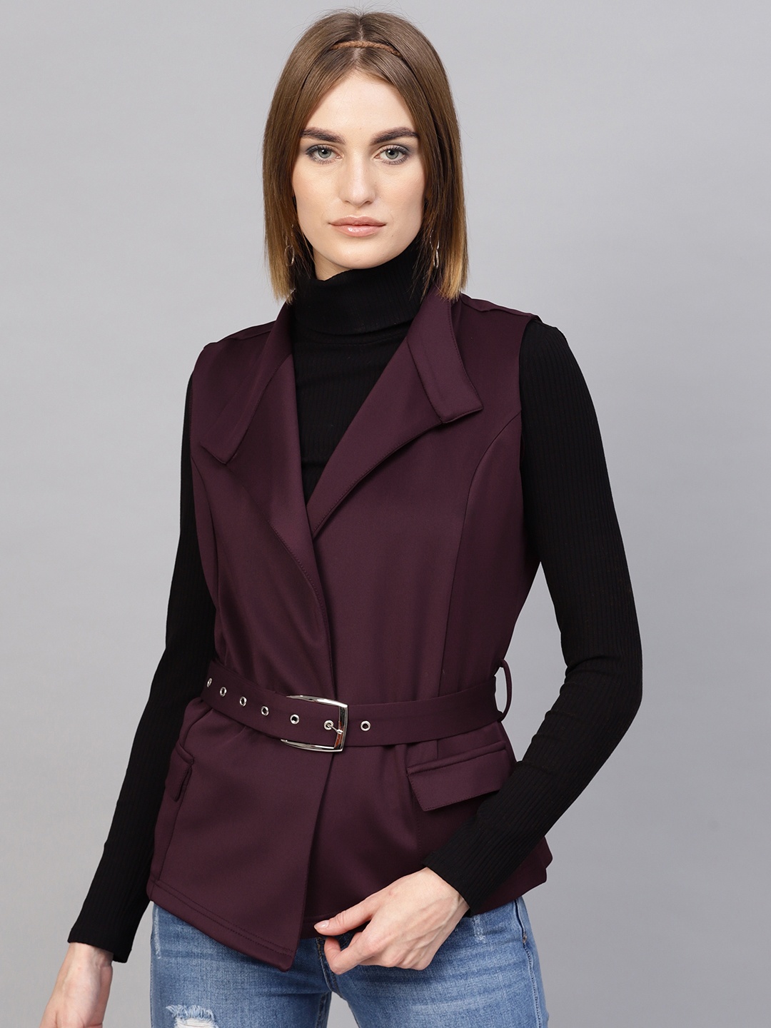 

SASSAFRAS Women Aubegrine Solid Open Front Jacket, Purple