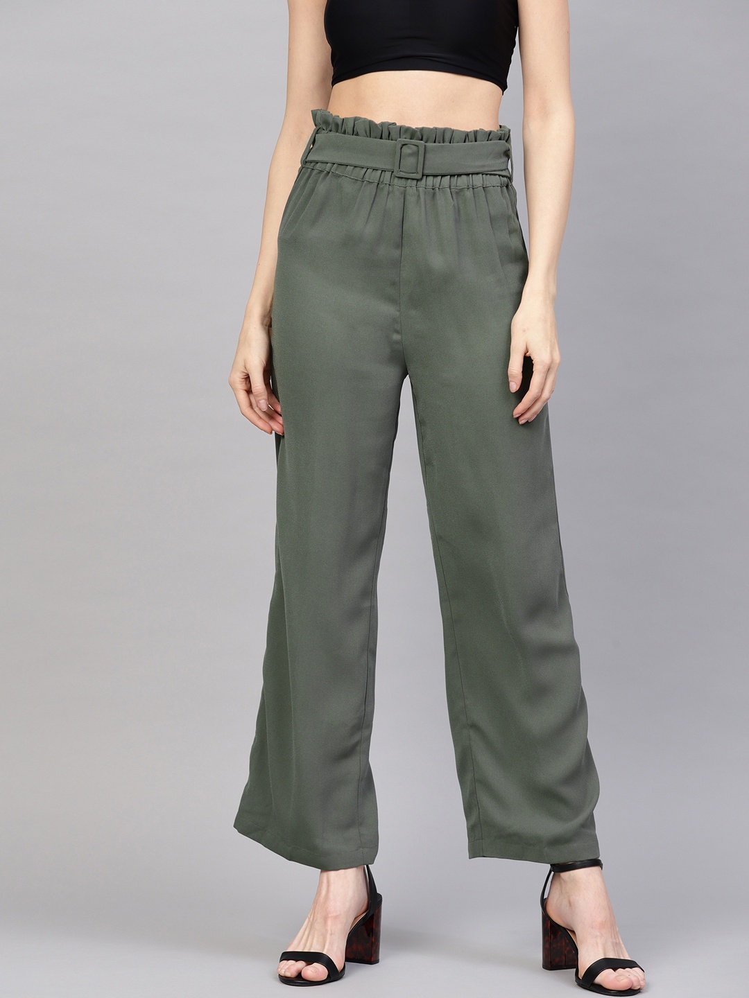

SASSAFRAS Women Olive Green Regular Fit Solid Parallel Trousers
