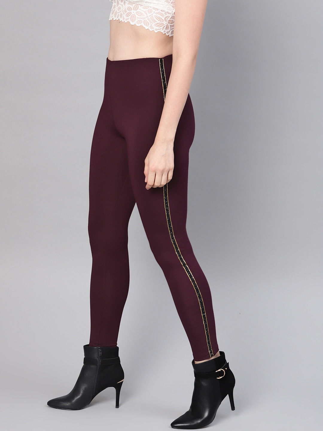 

SASSAFRAS Women Burgundy Embelished Side Stripe Solid Treggings