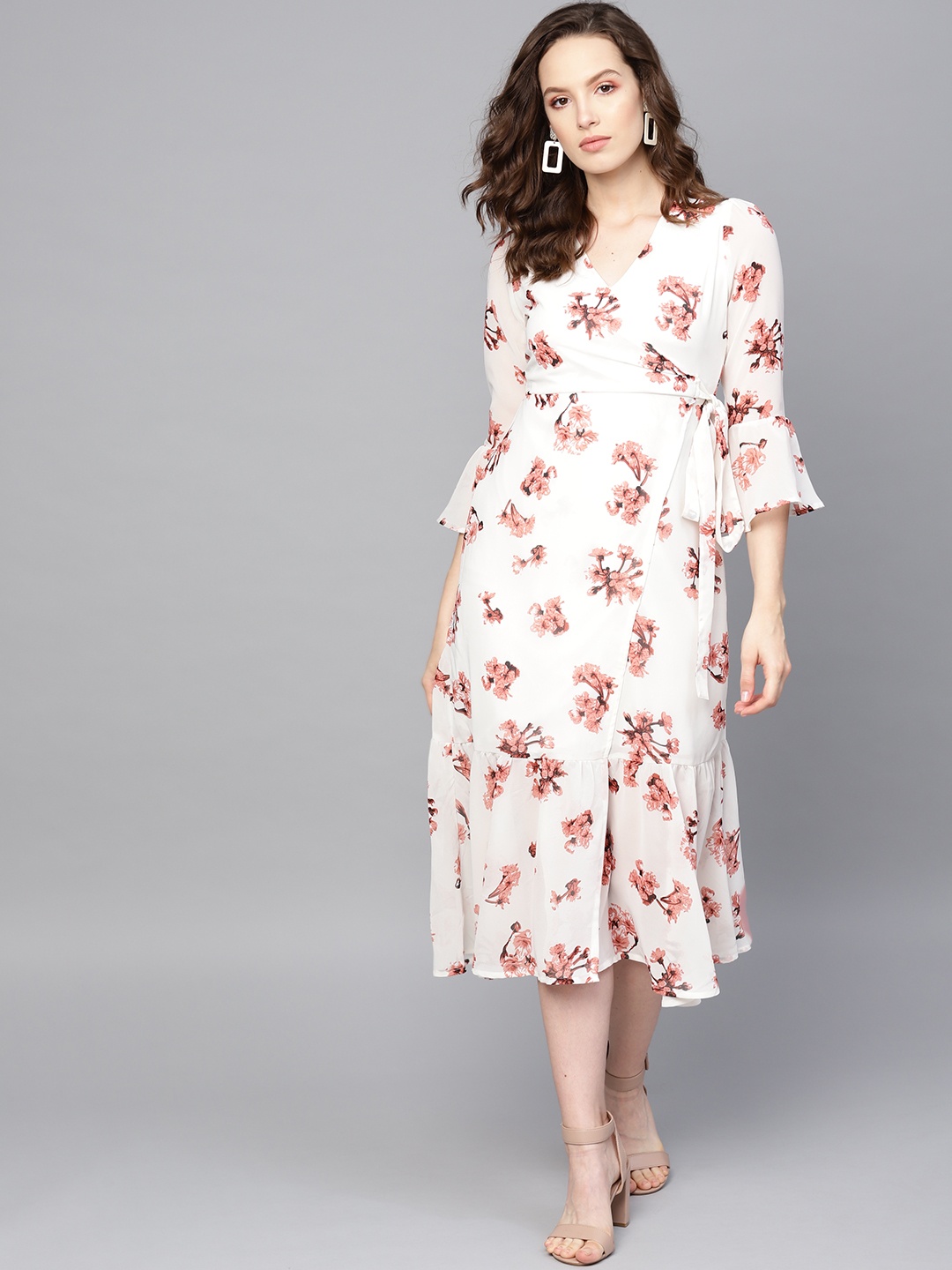 

SASSAFRAS White & Pink Floral Print Wrap Dress