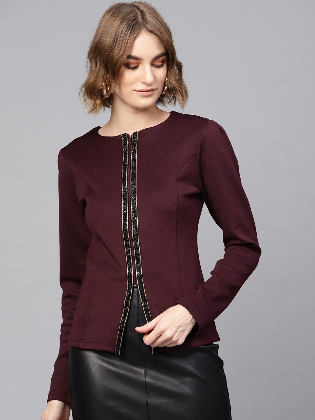 

SASSAFRAS Women Burgundy Solid Tailored Jacket