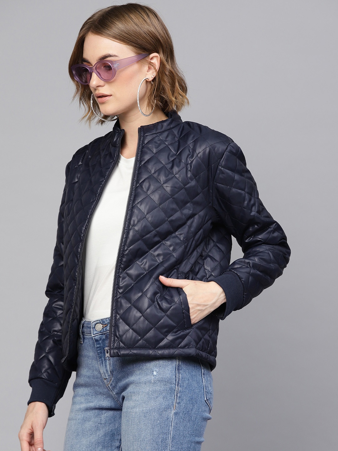 

SASSAFRAS Women Navy Blue Solid Quilted Jacket