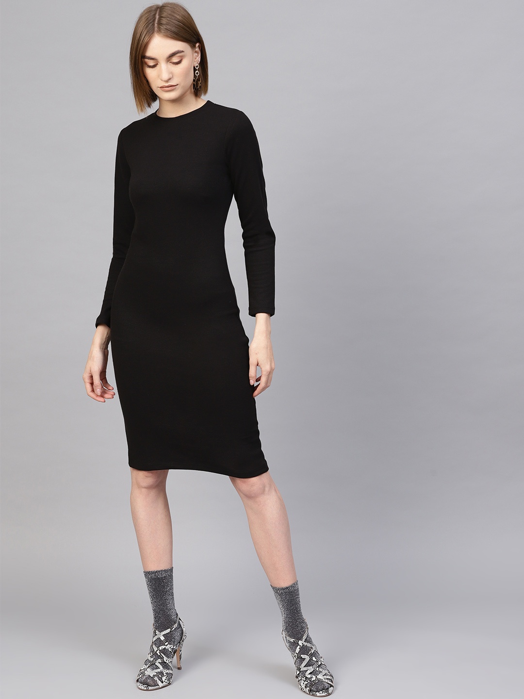 

SASSAFRAS Women Black Solid Bodycon Dress