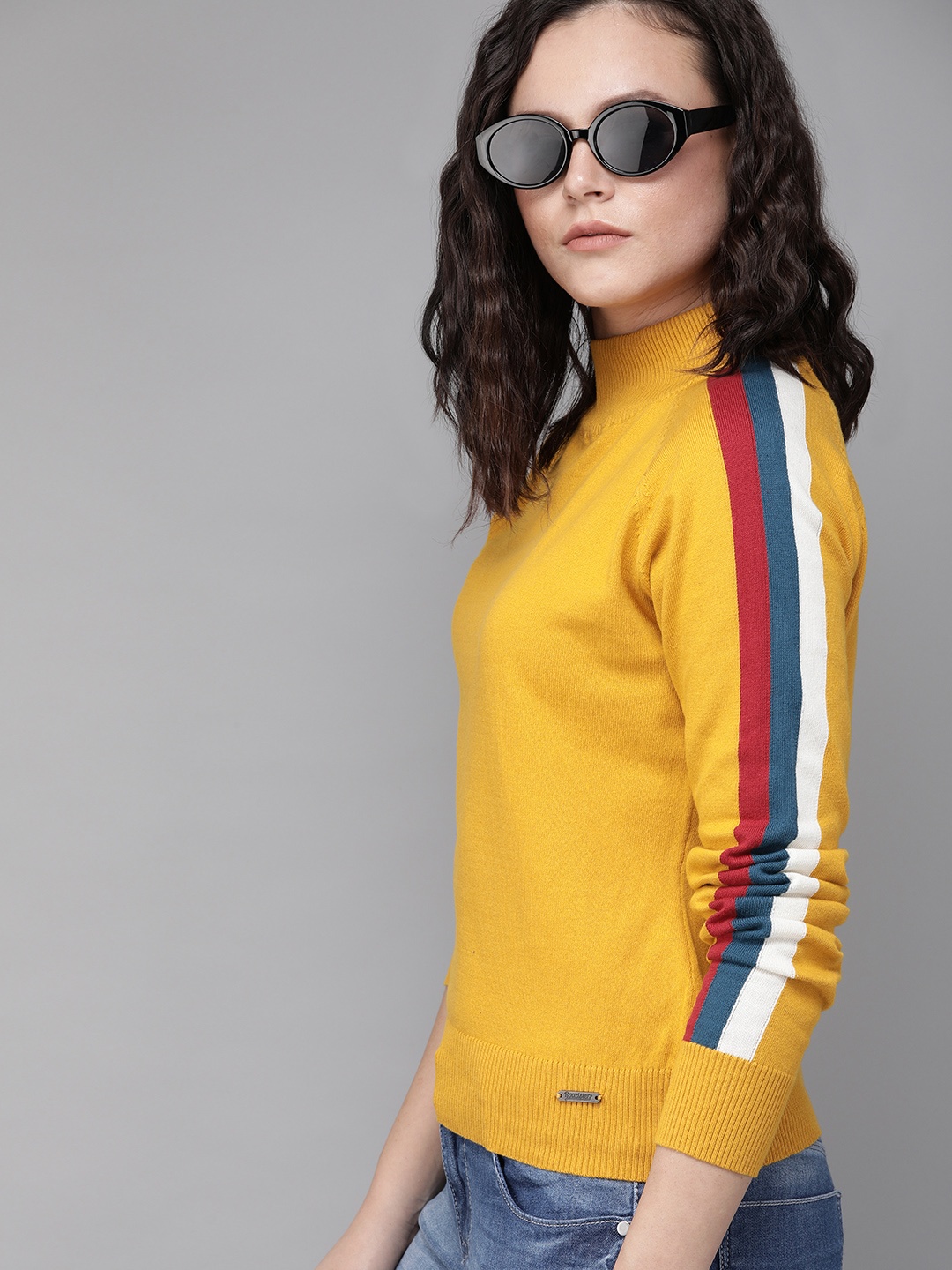 

The Roadster Lifestyle Co Women Mustard Yellow Solid Knitted Top with Side Stripe