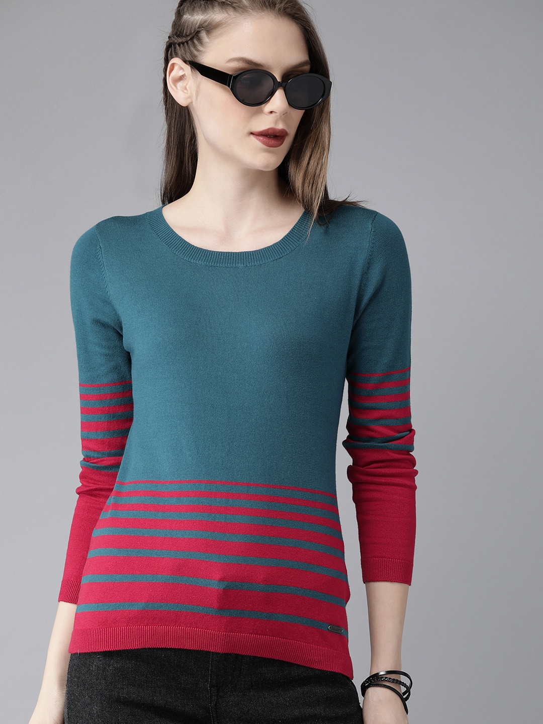 

The Roadster Lifestyle Co Women Teal Blue Red Striped Pure Cotton Top