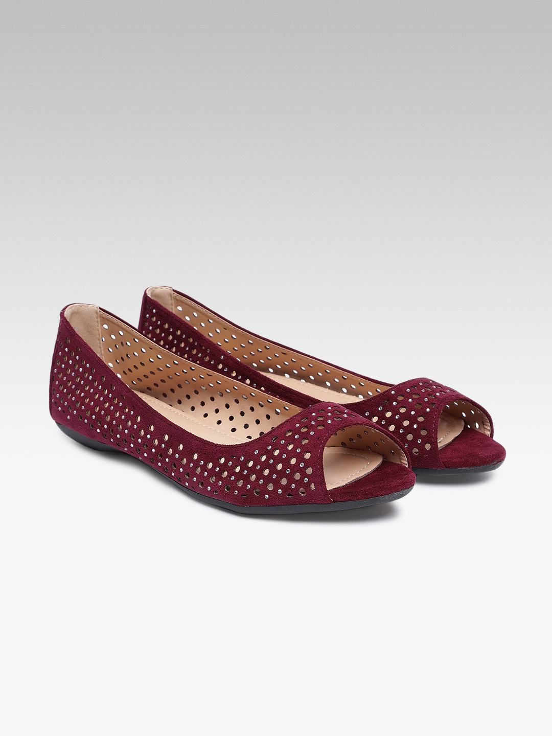 

Carlton London Women Burgundy Cut Work Detailed Embellished Peep Toe Flats