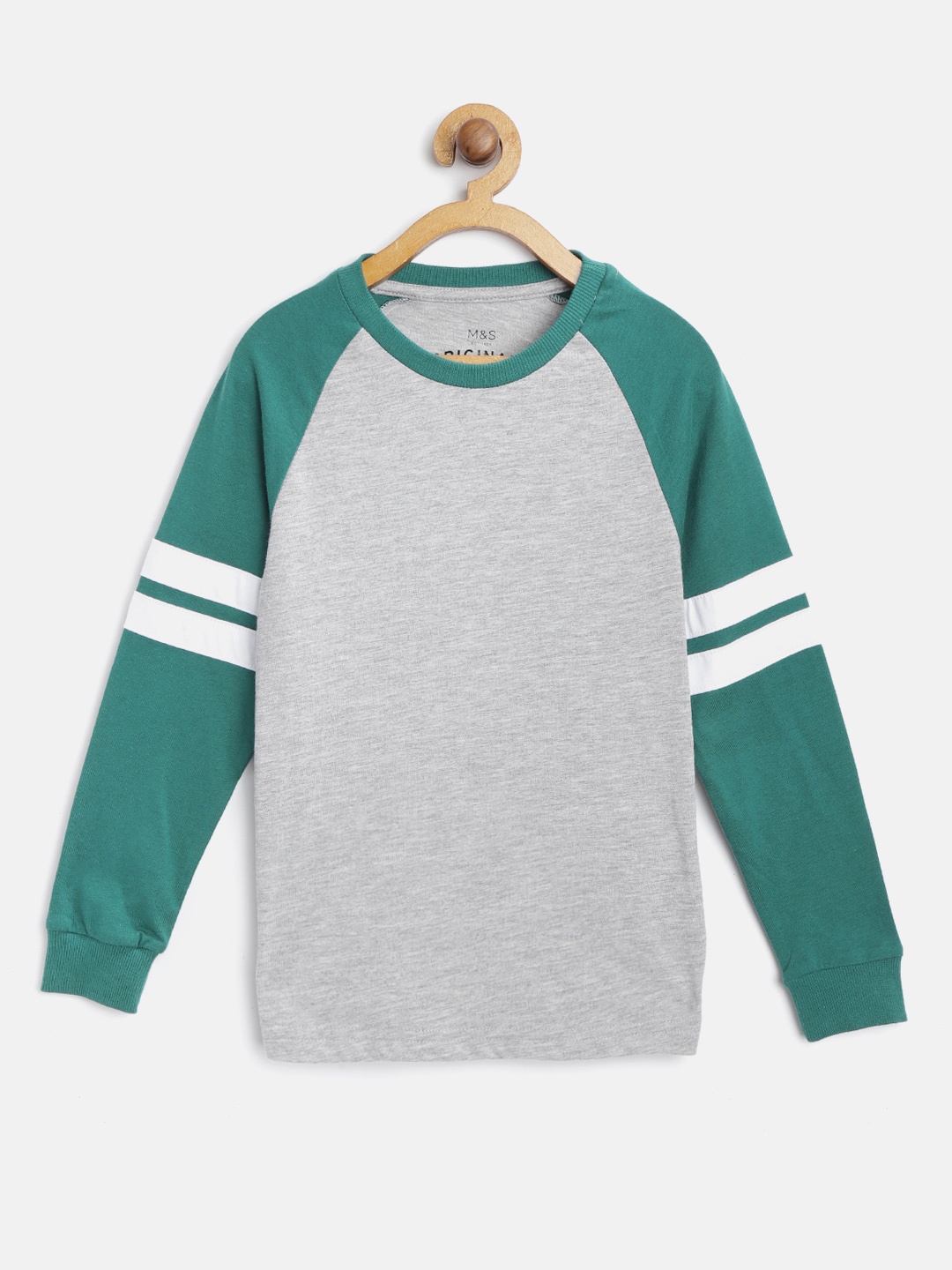 

Marks & Spencer Boys Grey Melange & Teal Green Solid Round Neck T-shirt