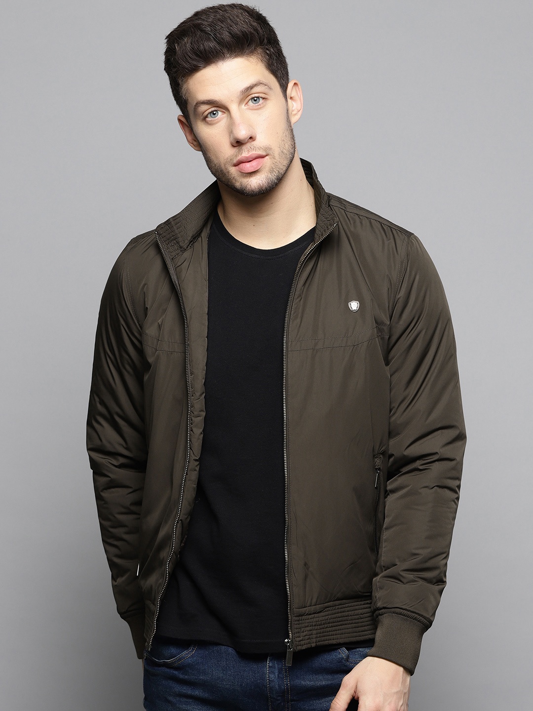 

Louis Philippe Men Olive Brown Solid Bomber Jacket