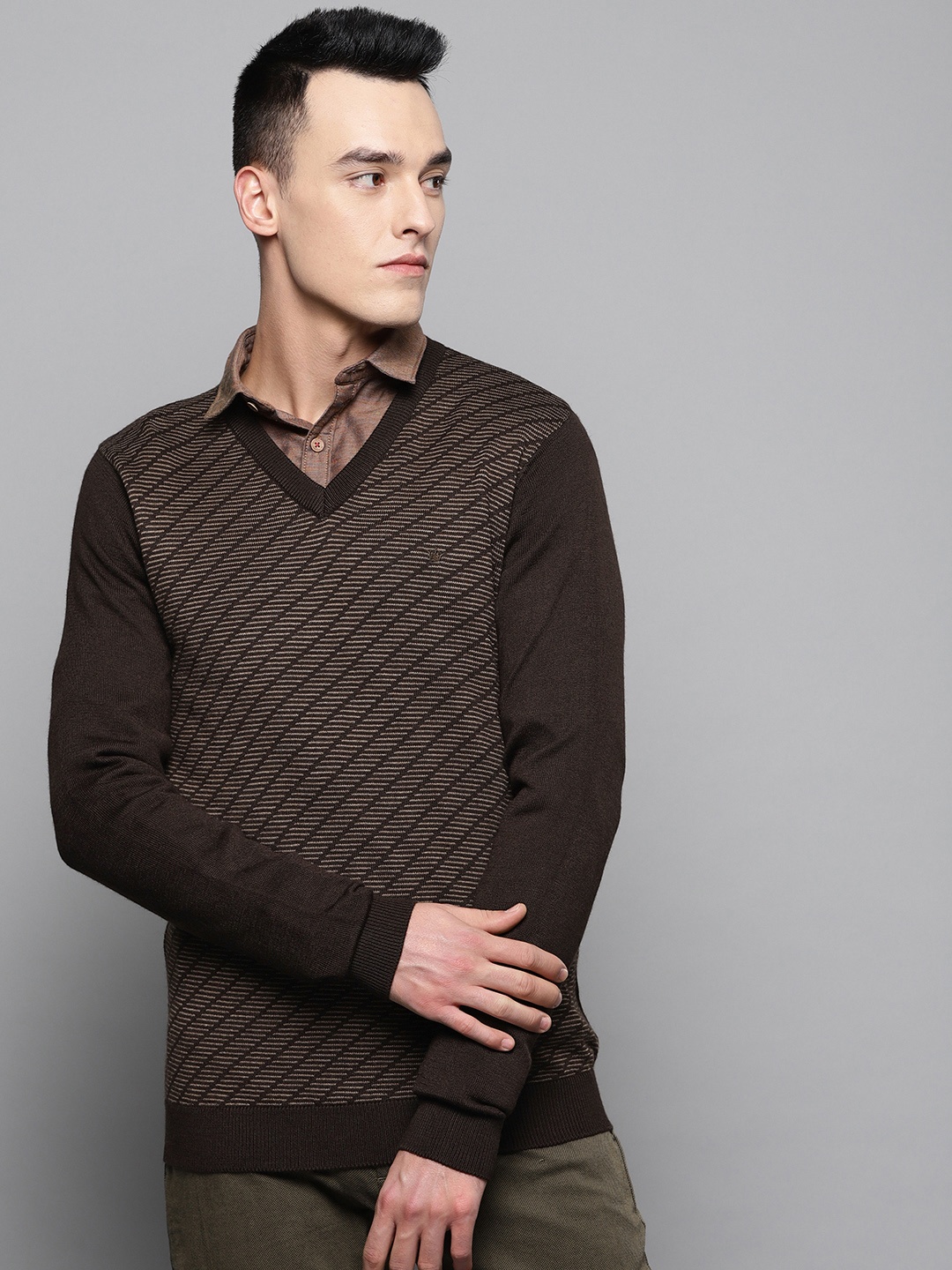 

Louis Philippe Men Brown Self Design Sweater