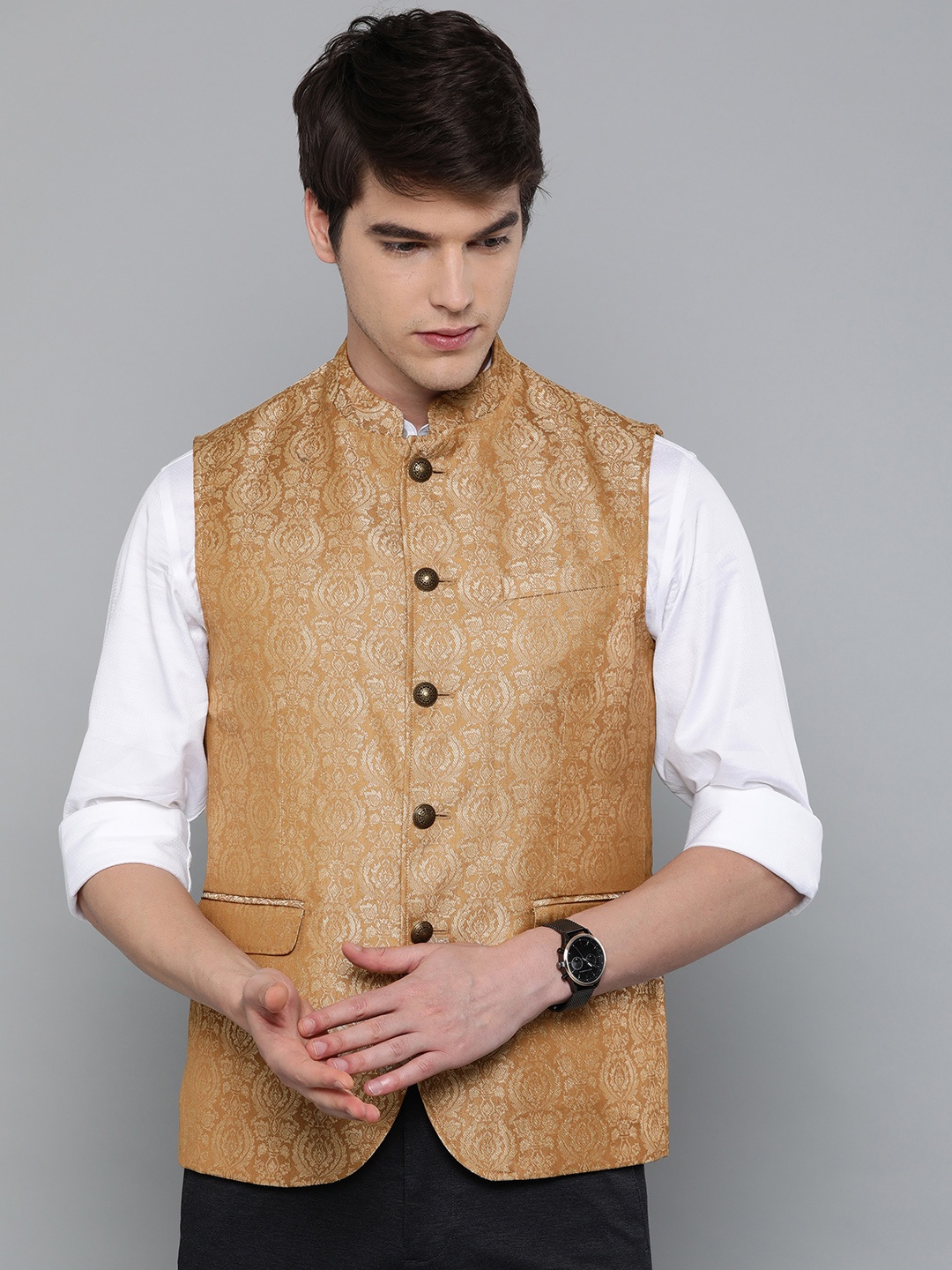 

Louis Philippe Men Beige Slim Fit Woven Design Nehru Jacket