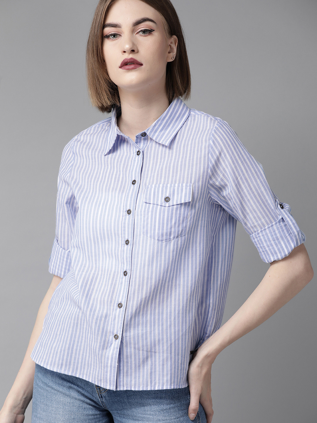 

The Roadster Lifestyle Co Women Blue & White Regular Fit Striped Casual Shirt