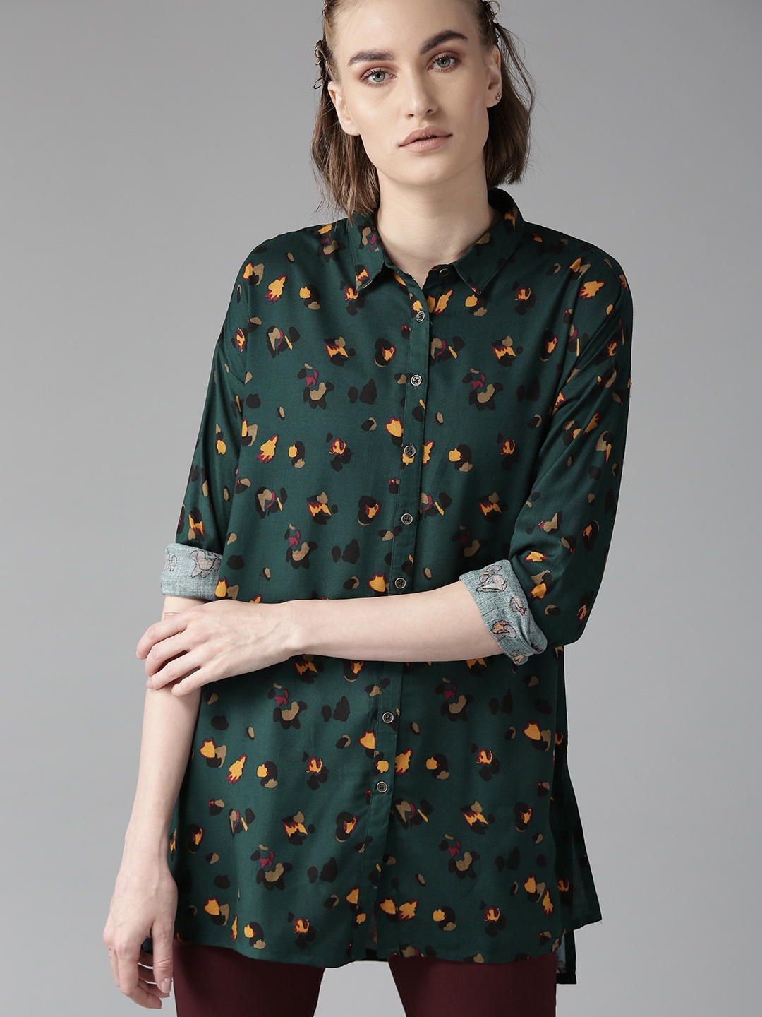 

The Roadster Lifestyle Co Women Green & Mustard Yellow Printed Shirt