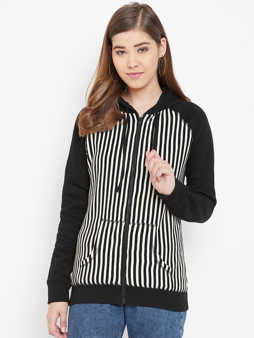 

Rute Women Black & Off-White Striped Hooded Sweatshirt
