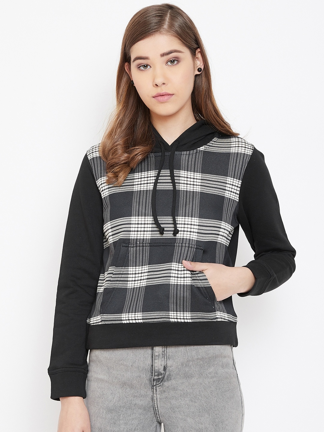 

Rute Women Black & White Checked Hooded Sweatshirt
