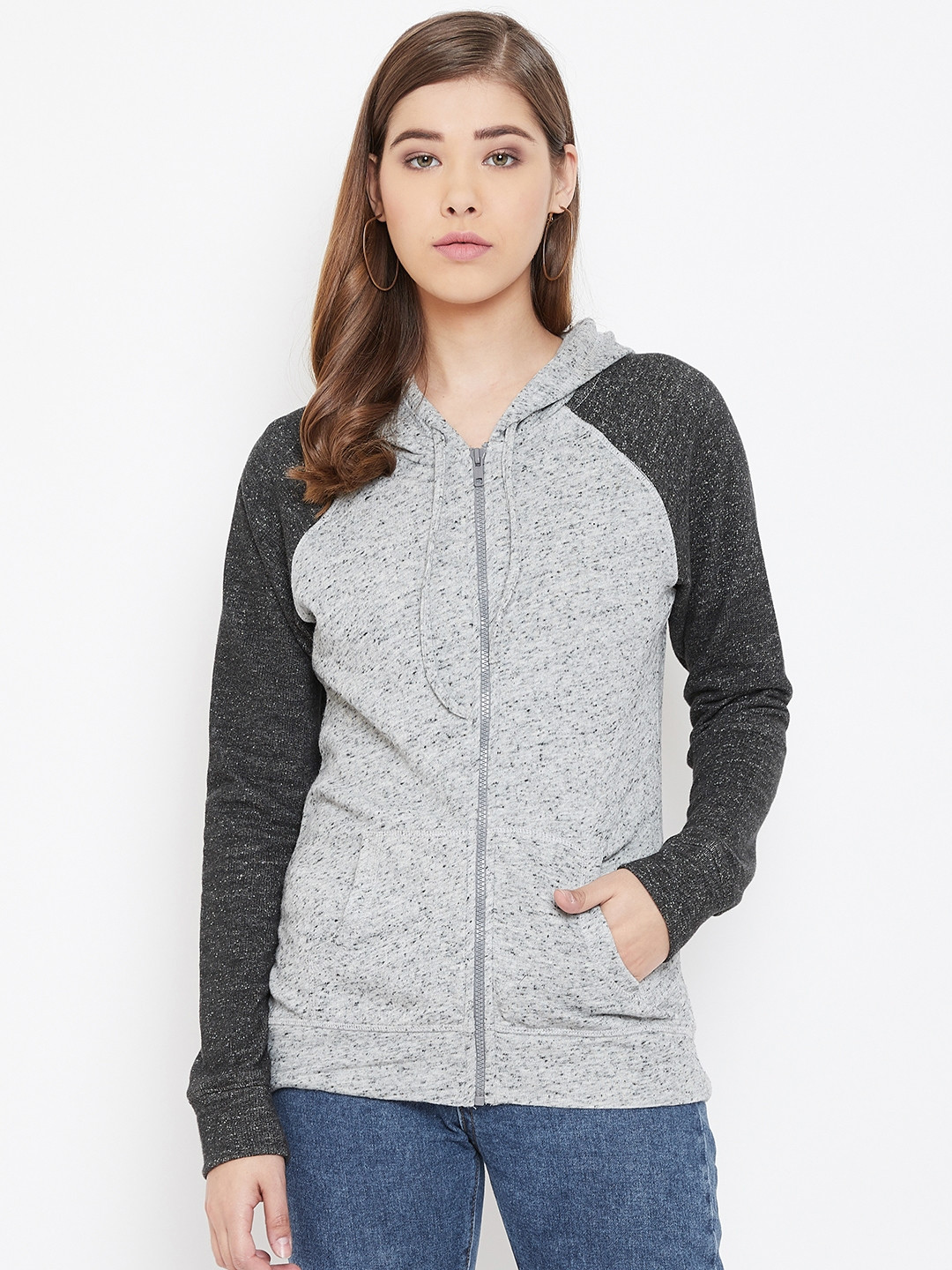 

Rute Women Grey Melange Self Design Hooded Sweatshirt