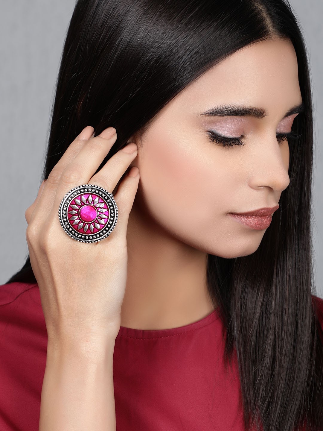 

Rubans Women Pink & Silver-Plated Oxidized Enamel Statement Ring