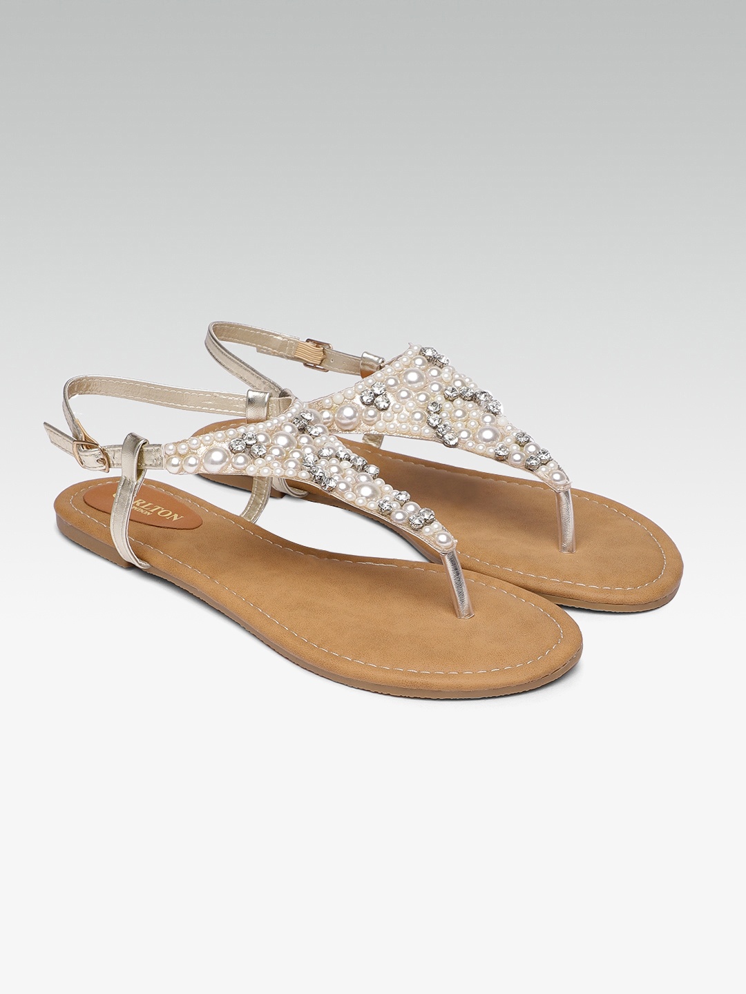

Carlton London Women Gold-Toned Embellished T-Strap Flats