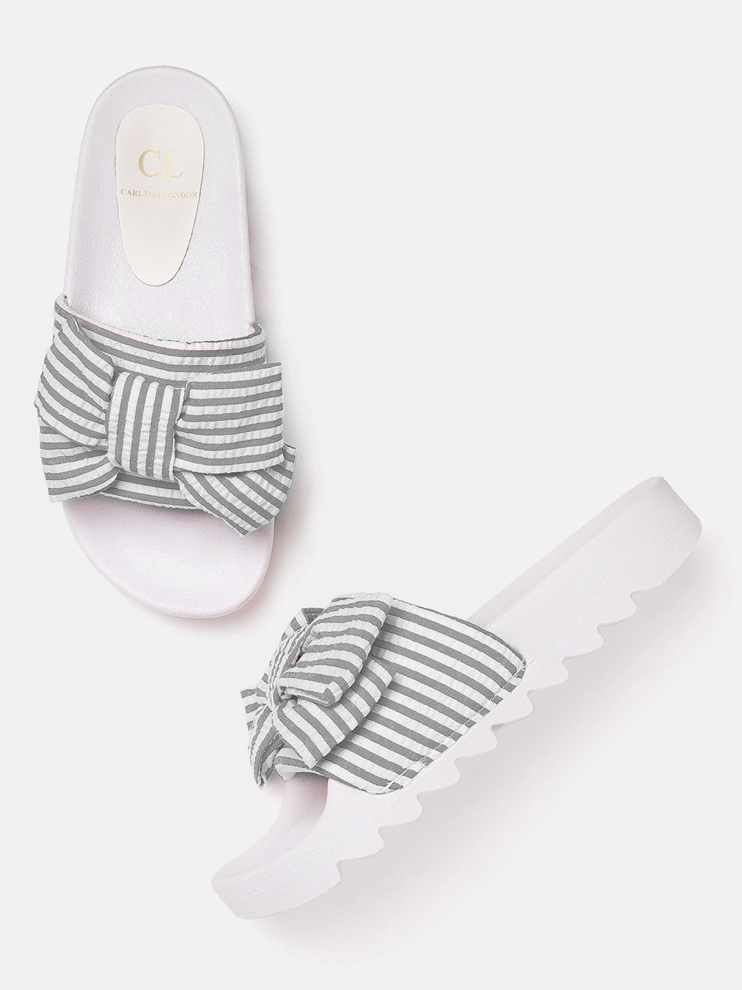 

Carlton London Women Charcoal Grey & White Striped Open Toe Flats with Bow Detail