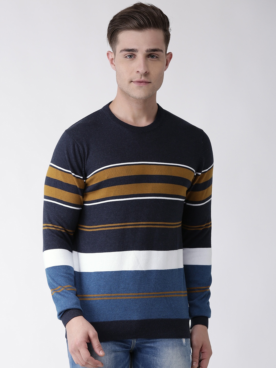 

Celio Men Navy Blue & White Striped Pullover Sweater