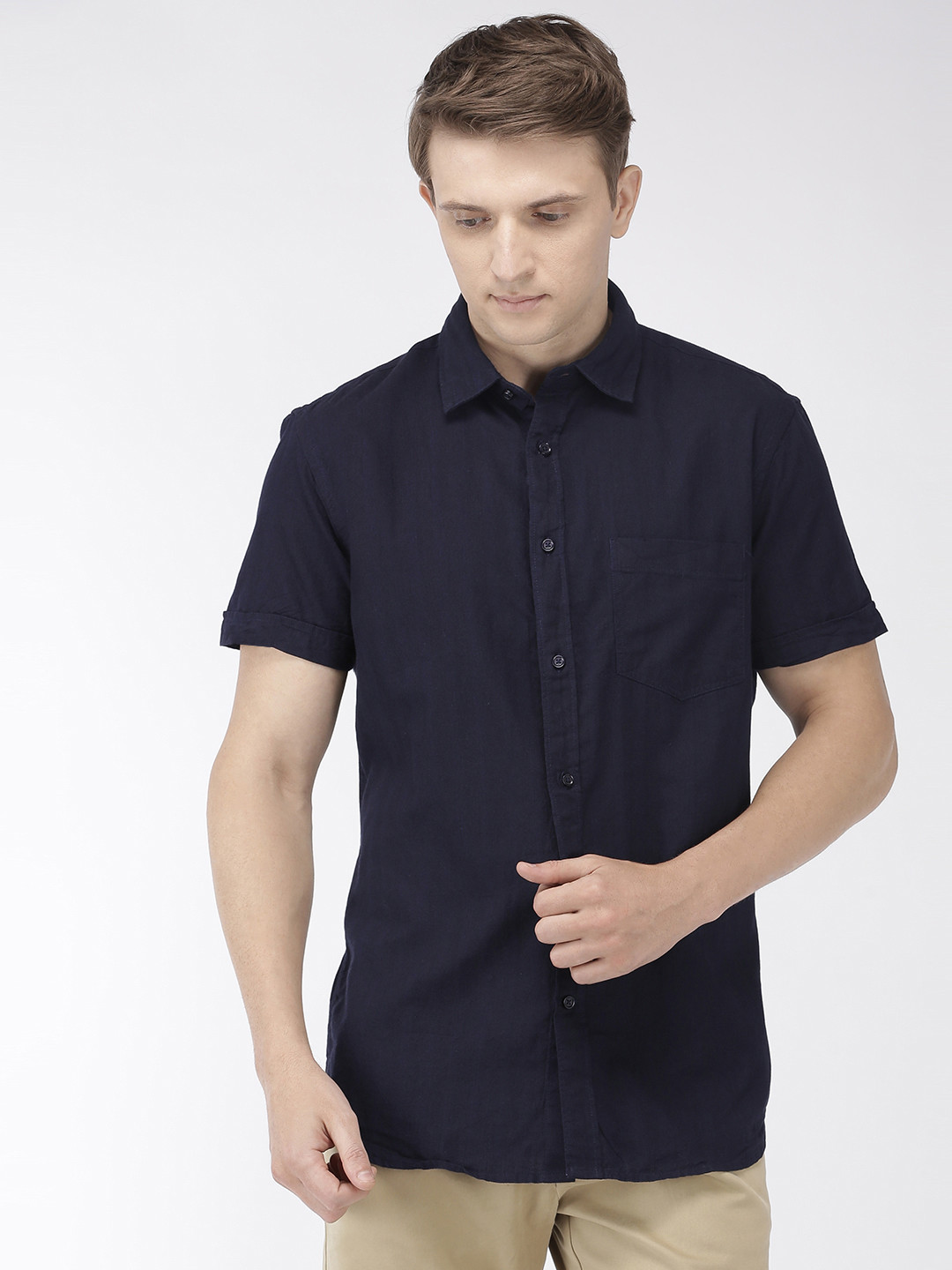 

Celio Men Navy Blue Solid Regular Fit Casual Shirt