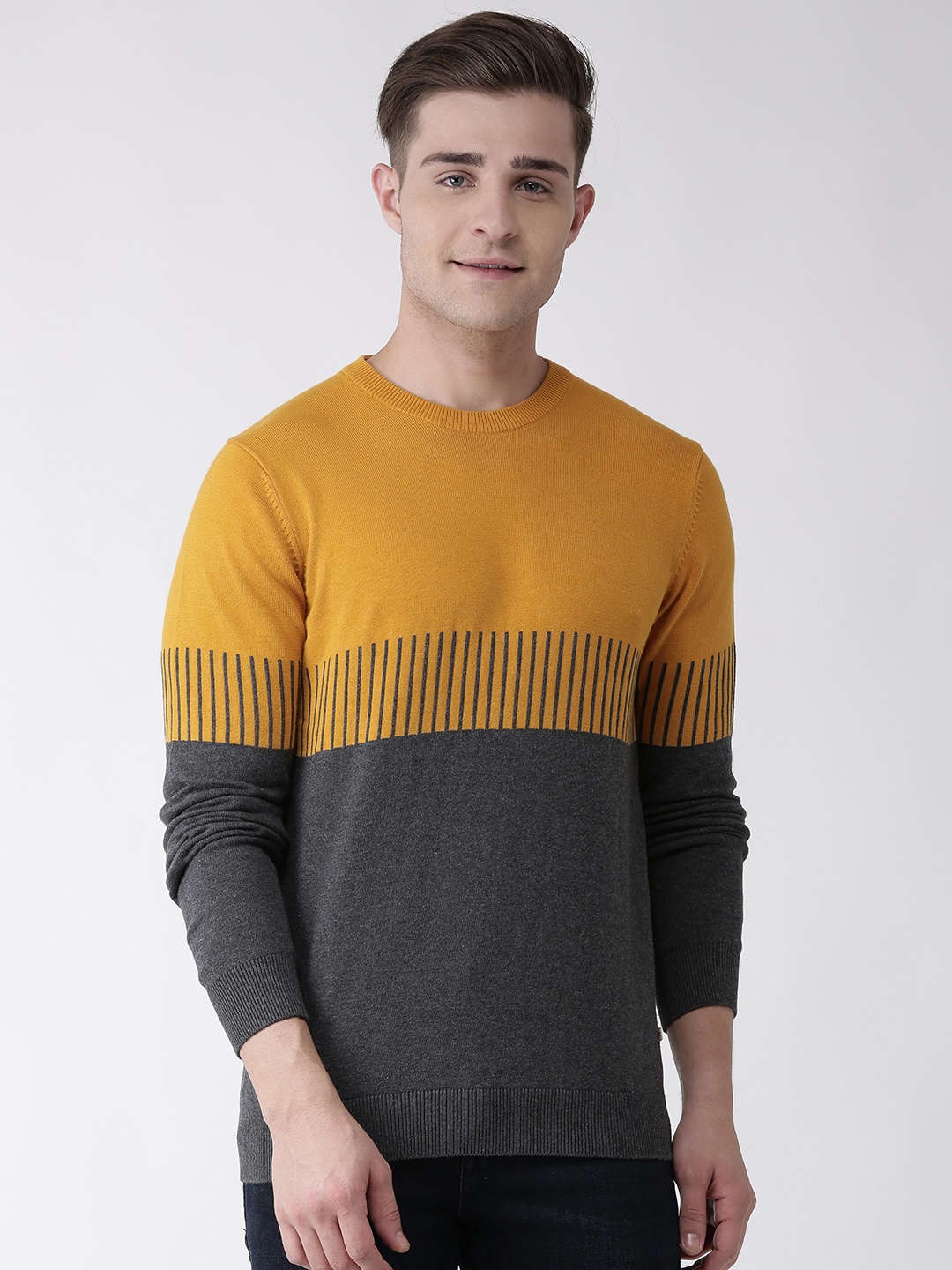 

Celio Men Mustard Yellow & Charcoal Grey Colourblocked Pullover Sweater