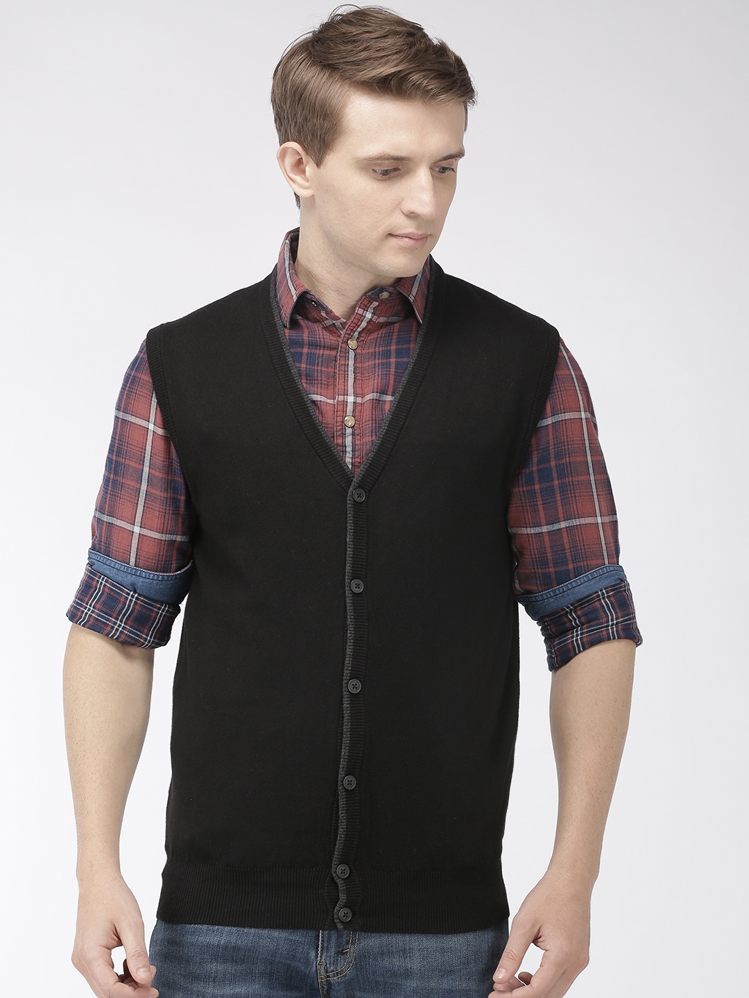 

Celio Men Black Solid Front-Open Sweater Vest