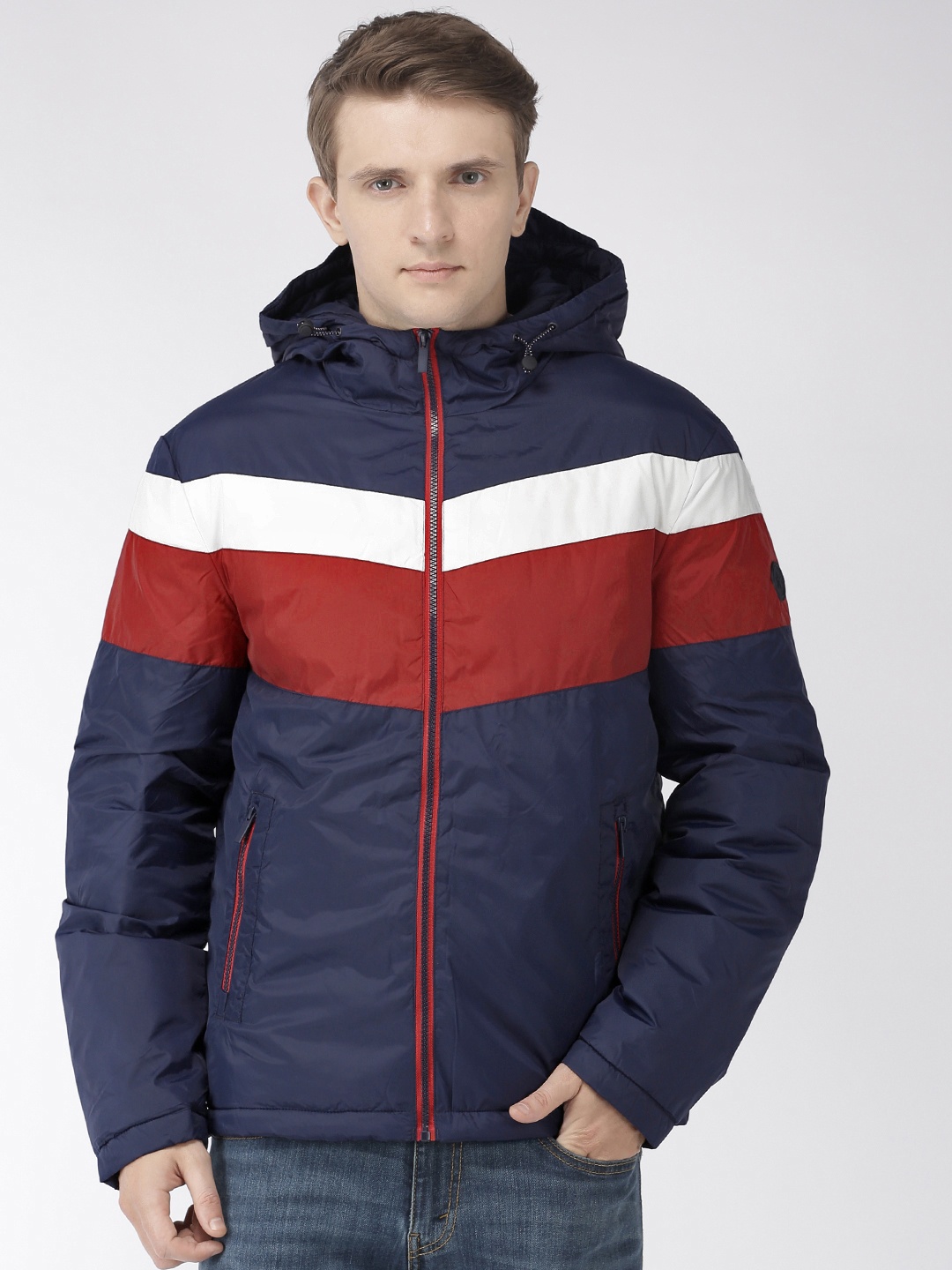 

Celio Men Navy Blue & Maroon Colourblocked Padded Jacket