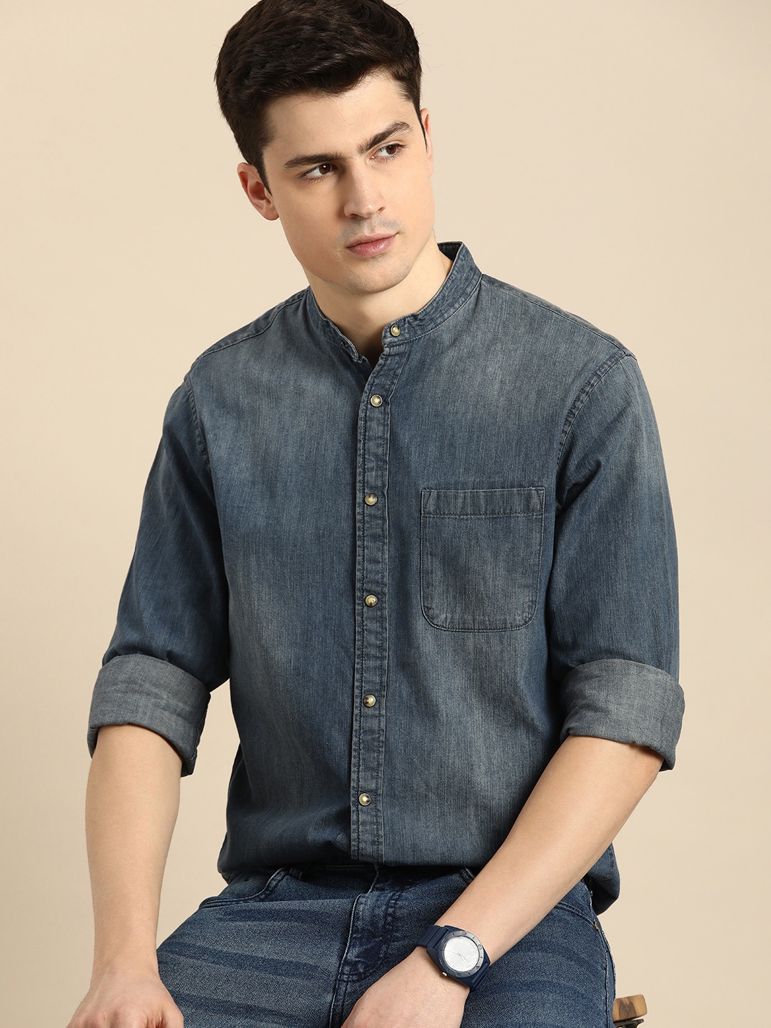 

Celio Pure Cotton Solid Band Collar Casual Shirt, Blue