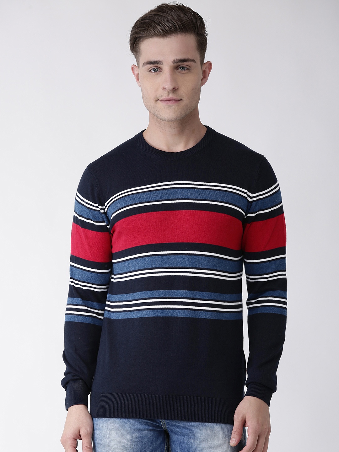 

Celio Men Navy Blue & White Striped Pullover Sweater