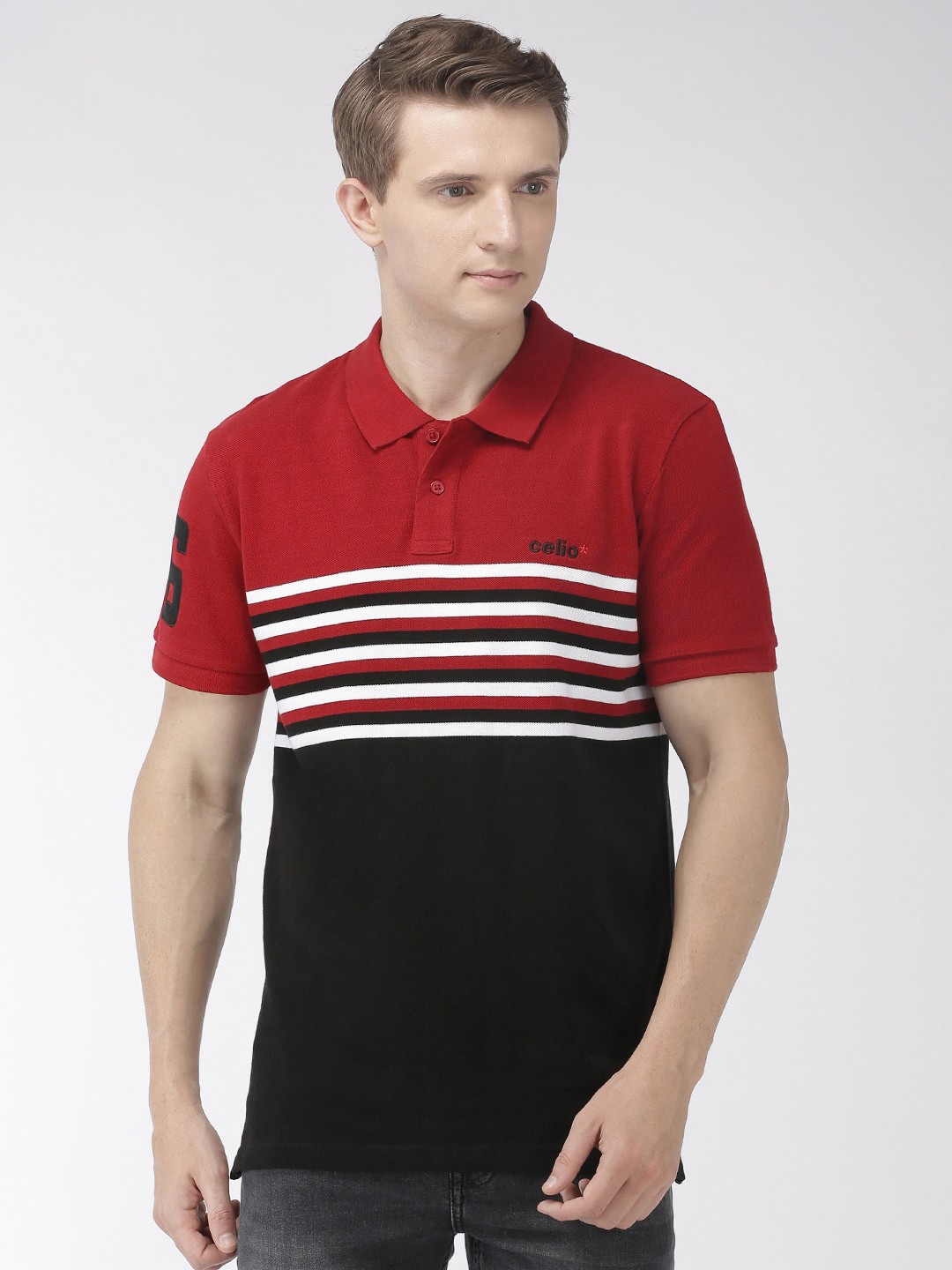 

Celio Men Red Black Striped Polo Collar Pure Cotton T-shirt