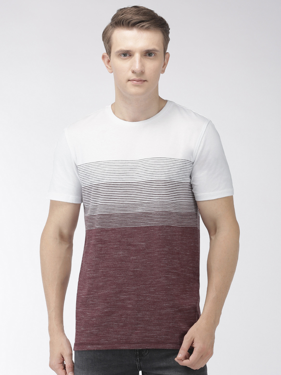 

Celio Men Burgundy & White Striped Round Neck T-shirt