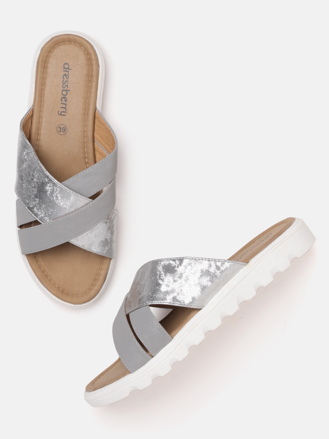 

DressBerry Women Grey & Silver-Toned Solid Open Toe Flats