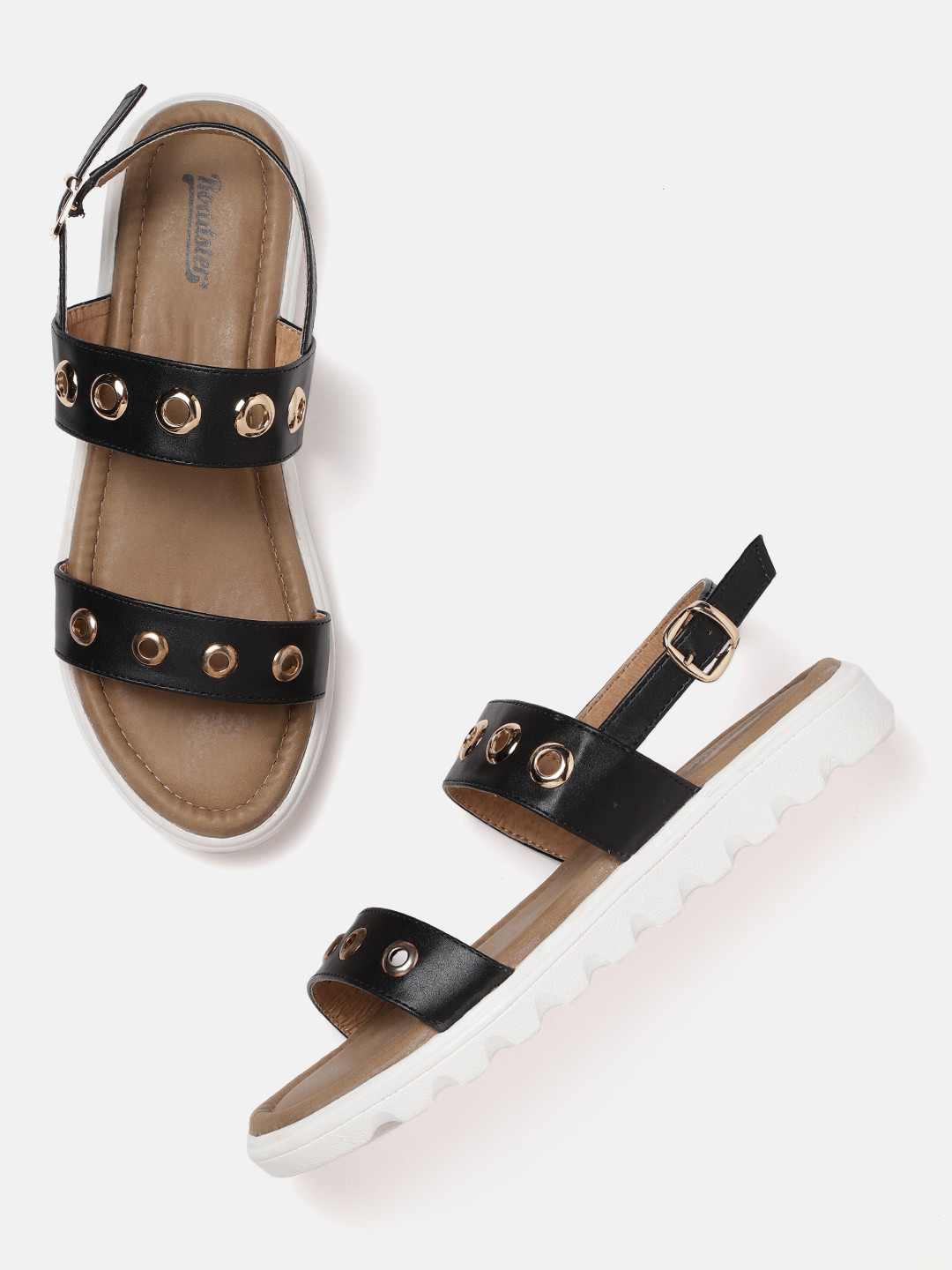 

The Roadster Lifestyle Co Women Black & Gold-Toned Rivets Open Toe Flats