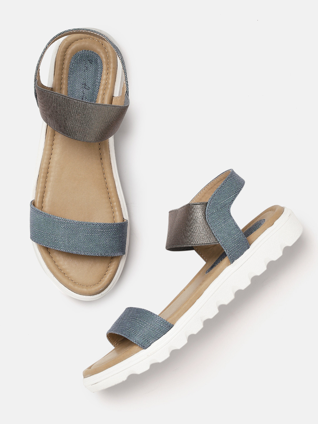 

Mast & Harbour Women Blue & Gunmetal-Toned Colourblocked Open Toe Flats