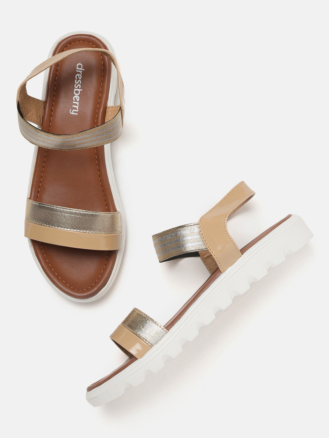 

DressBerry Women Beige & Gold-Toned Striped Open Toe Flats