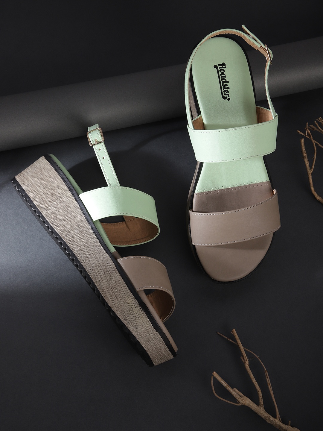 

The Roadster Lifestyle Co Women Taupe & Mint Green Colourblocked Flatform Heels