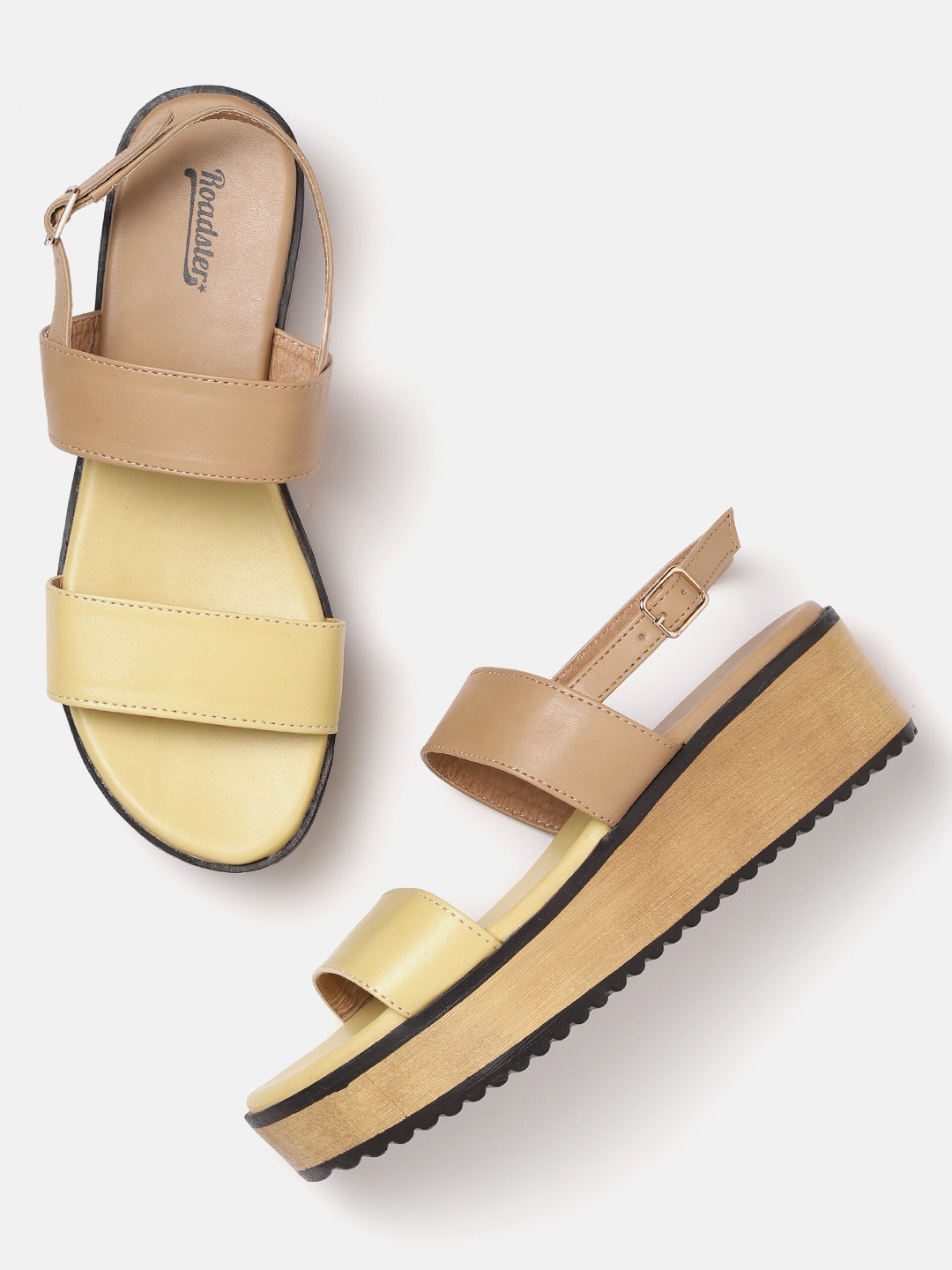 

The Roadster Lifestyle Co Women Yellow & Beige Colourblocked Flatform Heels
