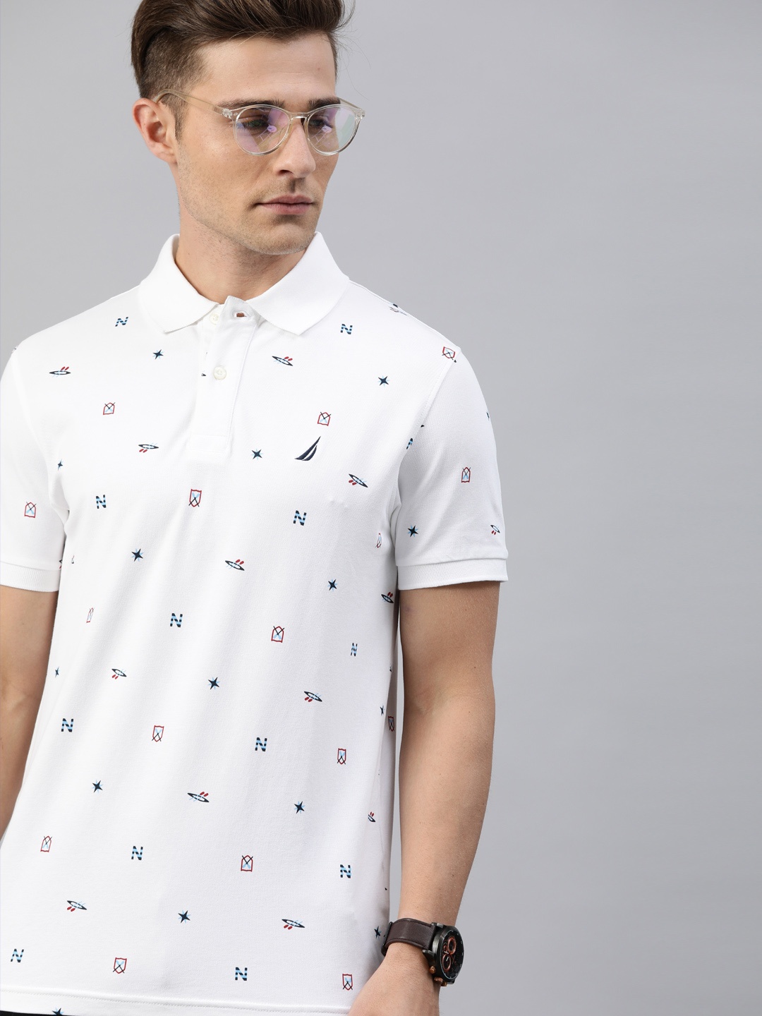 

Nautica Men White & Navy Blue Maritime Icon Printed Polo Collar T-shirt