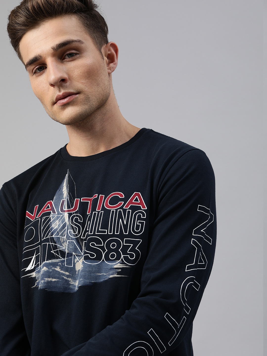 

Nautica Men Navy Blue Printed Round Neck T-shirt With Printed Sleeves