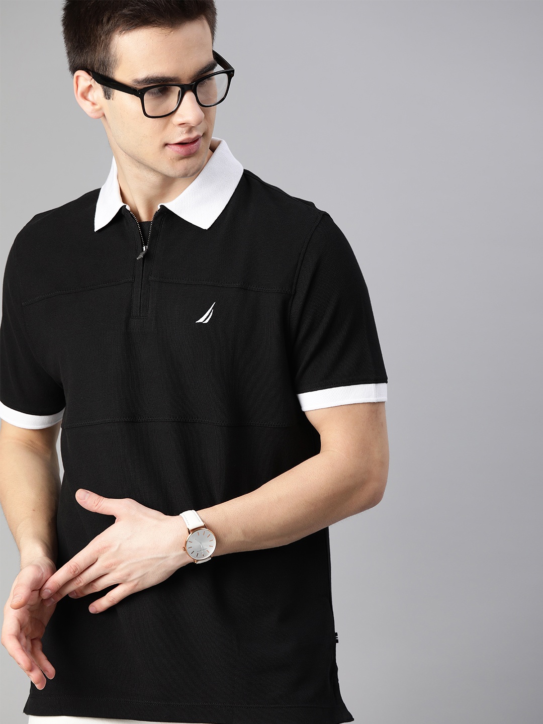 

Nautica Men Black Solid Polo Collar Pure Cotton T-shirt