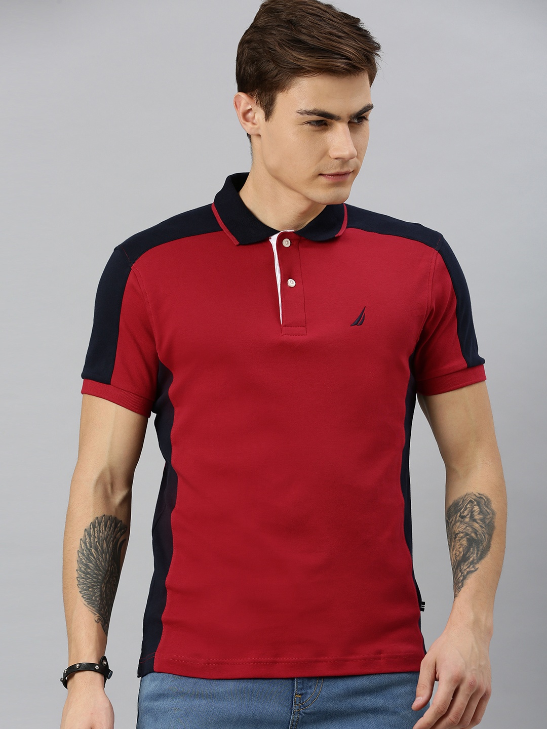 

Nautica Men Red & Navy Blue Solid Polo Collar Pure Cotton T-shirt with Side Stripes