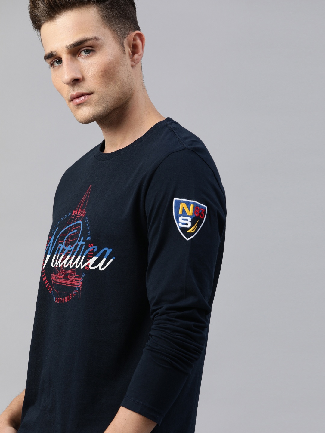 

Nautica Men Navy Blue Printed Round Neck T-shirt
