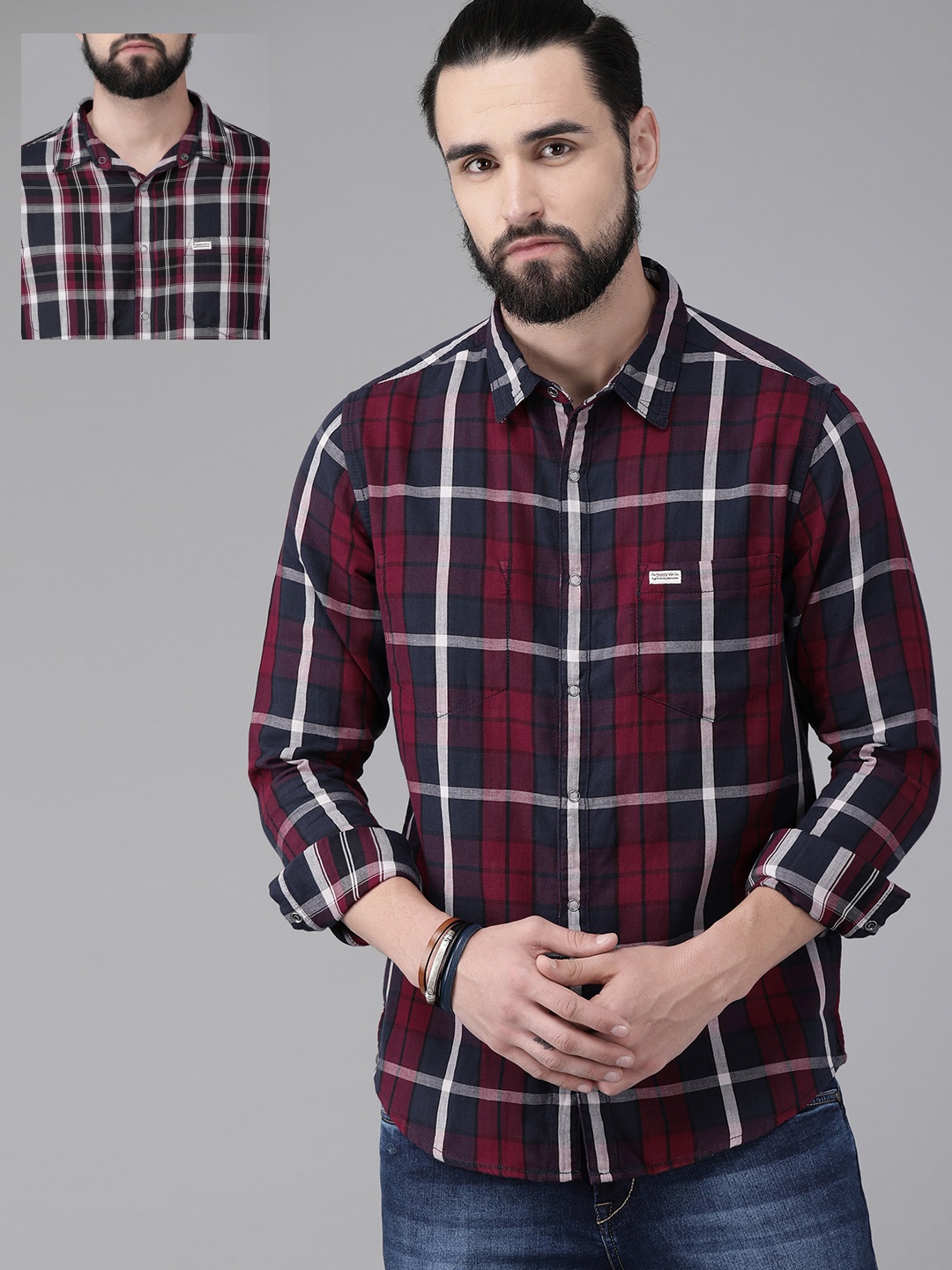 

The Roadster Lifestyle Co Men Navy Blue & Maroon Regular Fit Checked Reversible Casual Shirt