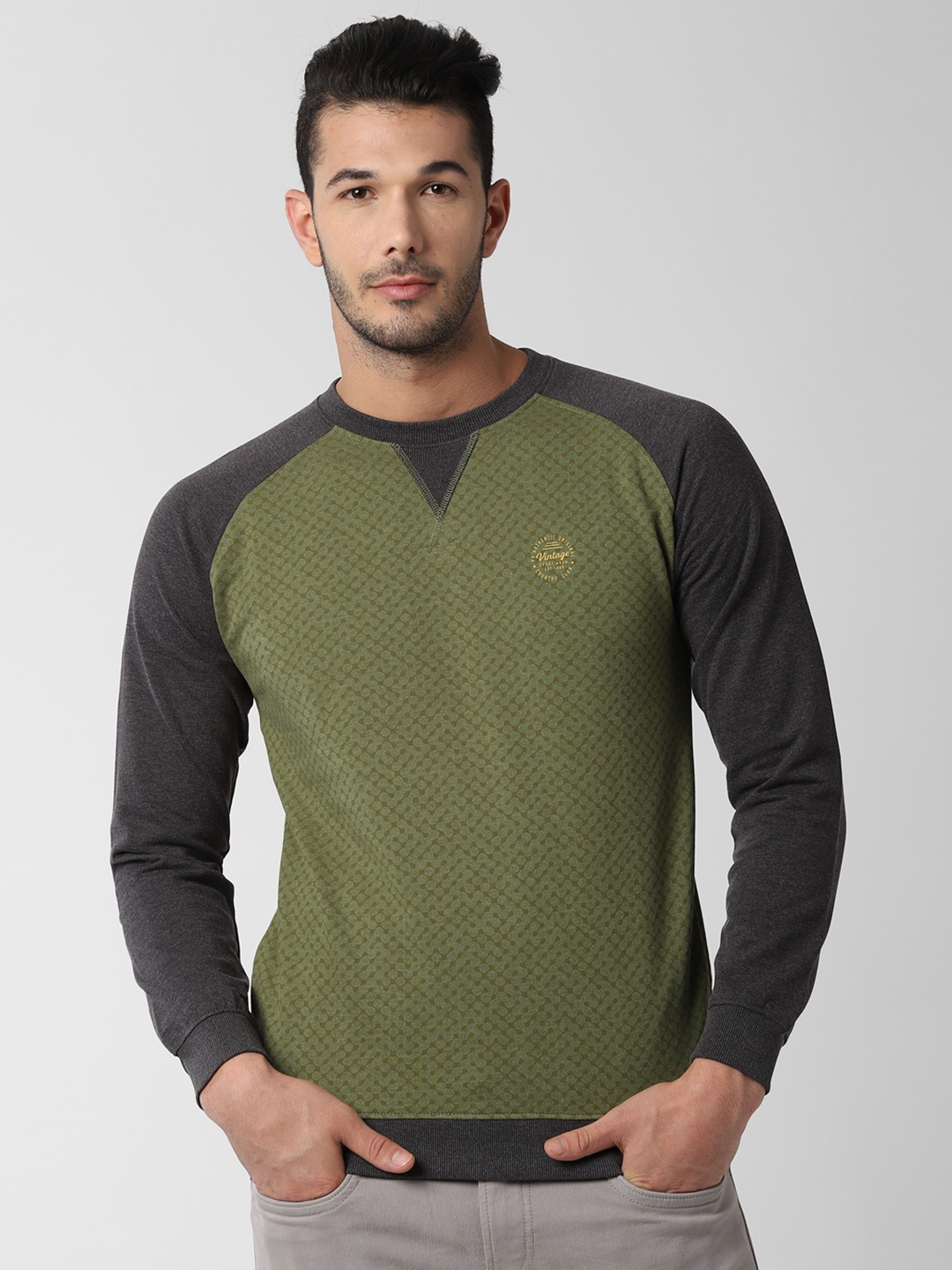 

Peter England Casuals Men Olive Green & Grey Self Design Sweatshirt