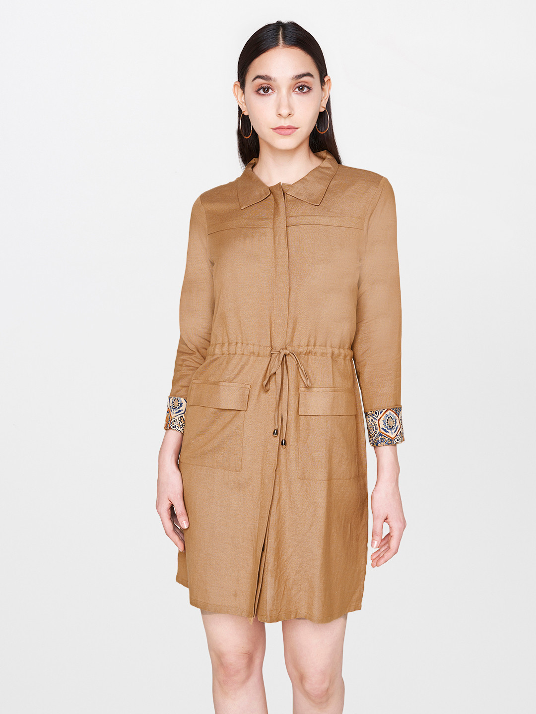 

AND Women Solid Khaki Shirt Dress