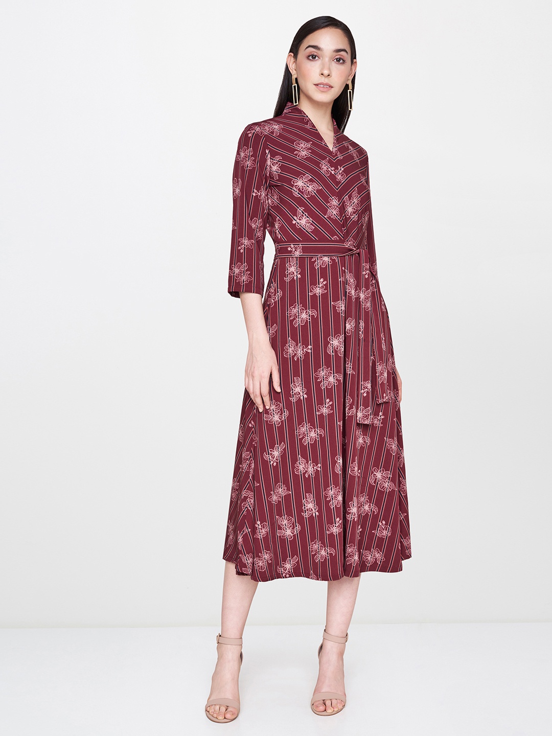 

AND Women Printed Burgundy A-Line Dress