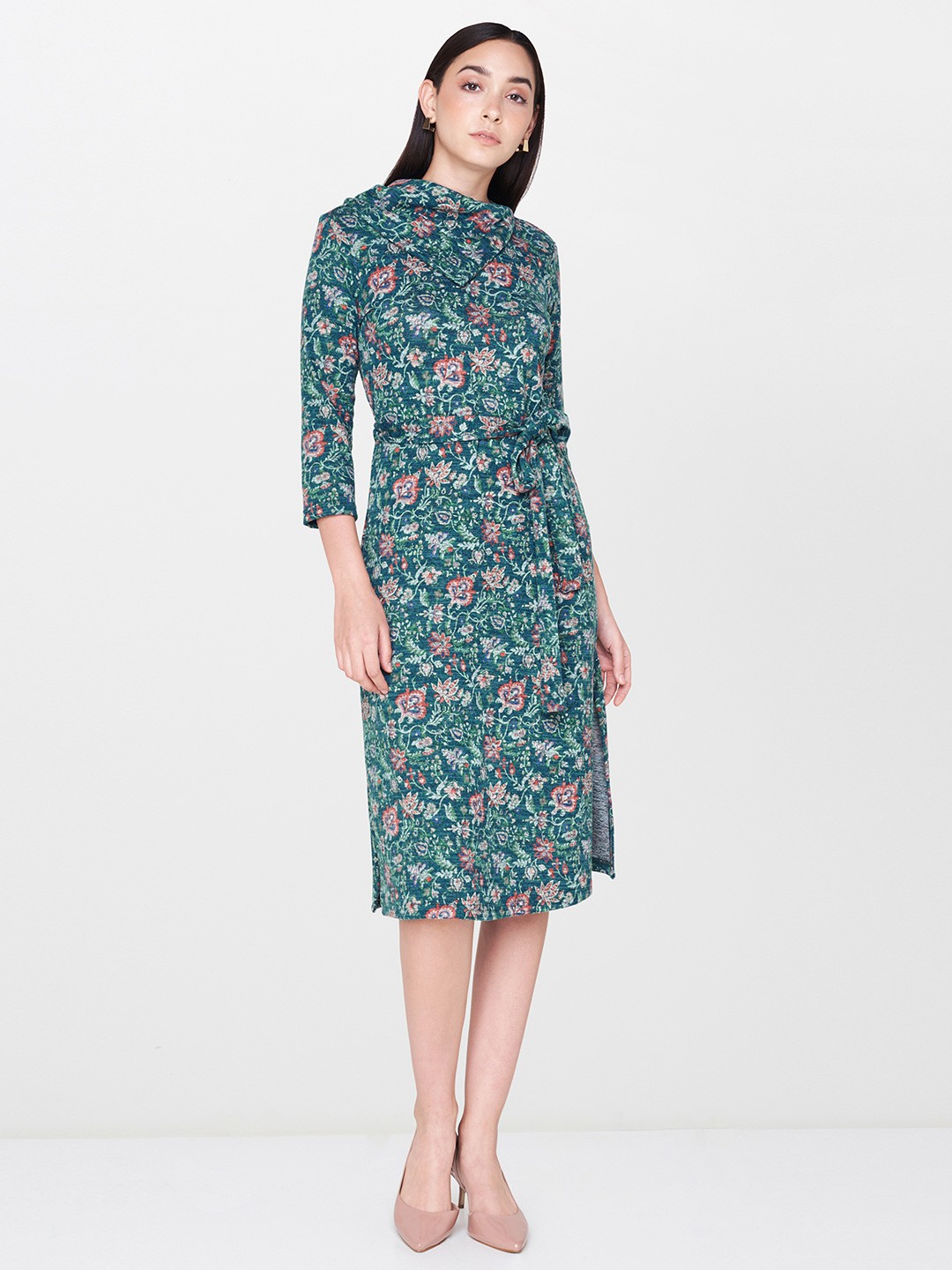 

AND Women Teal Blue & Green Printed Sheath Dress