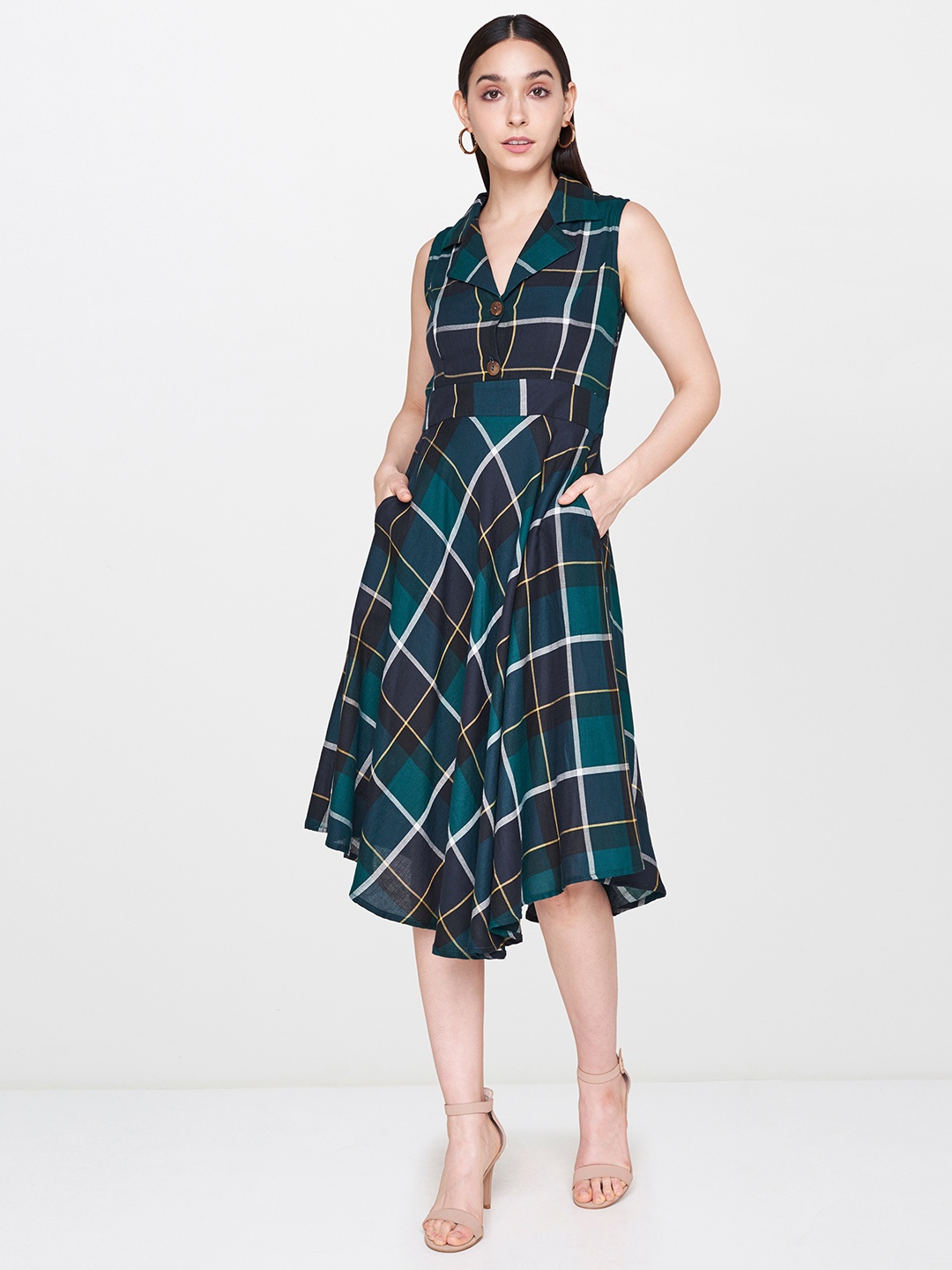 

AND Women Checked Teal Green Fit and Flare Dress