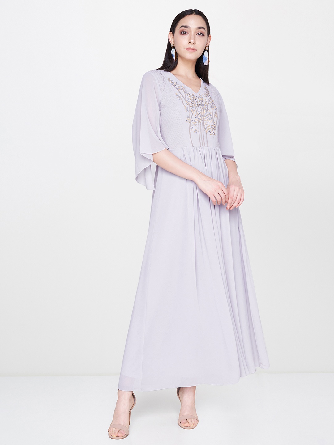 

AND Women Grey Floral Embroidered Maxi Dress